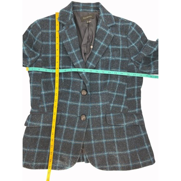 Talbots Womens 6 Wool Blend Navy & Turquoise Plaid Blazer AOP Lining Academia - Picture 11 of 11